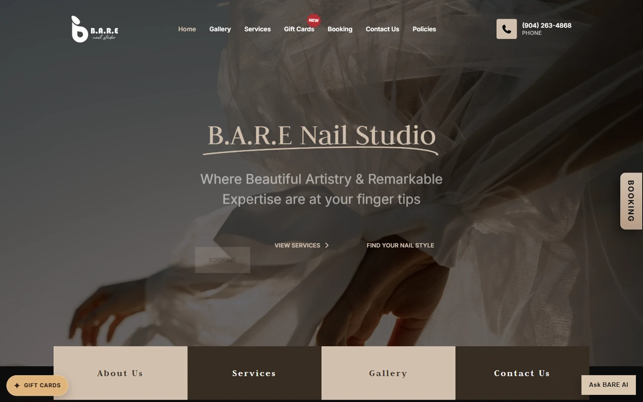 B.A.R.E Nail Studio website preview